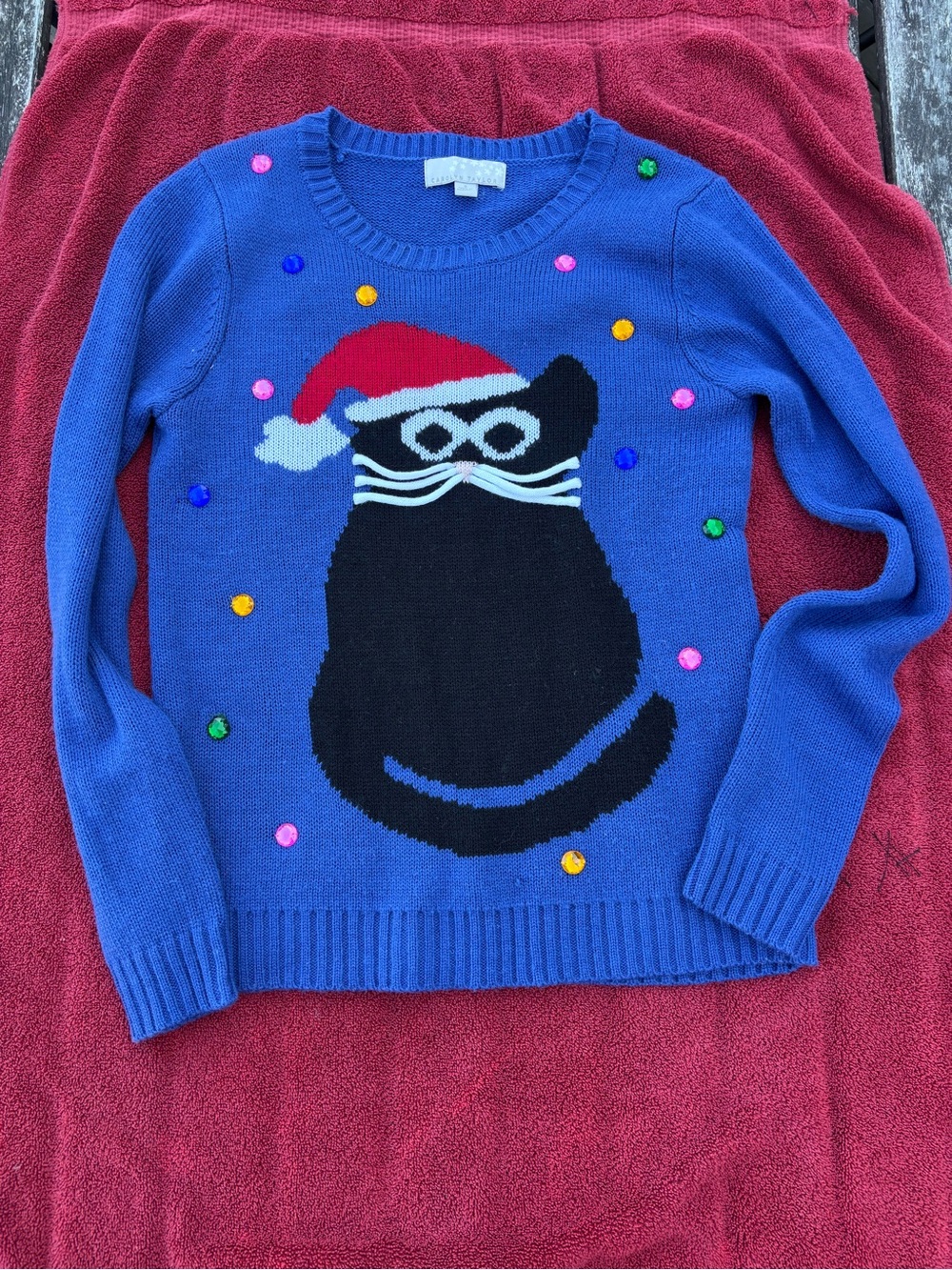 Carolyn Taylor Blue Christmas Santa Cat Knit Sweater